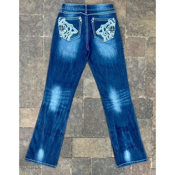 Wrangler Rock 47 mid rise cross embellished bootcut jeans size 7/8L x34 - Picture 2 of 5